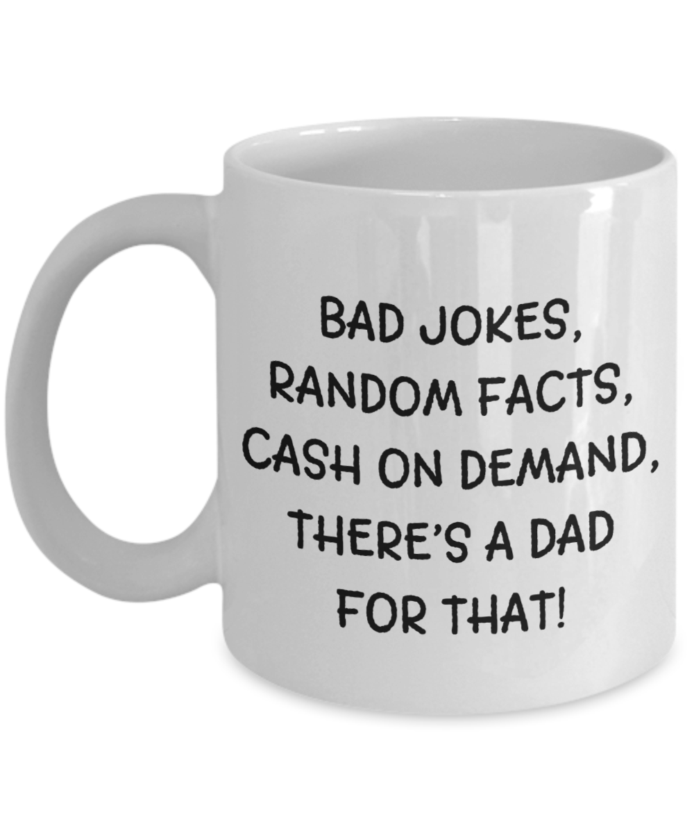 Bad Jokes, Random Facts Coffee Mug, Funny Father's Day Gift, Dad Birthday