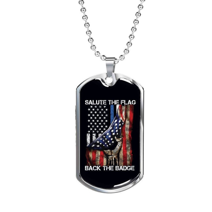 Salute The Flag Back the Badge, Silver US Flag Dog Tag, Patriotic Dog Tag, American Flag Dog Tag, Silver Salute the US Flag Dog Tag Pendant